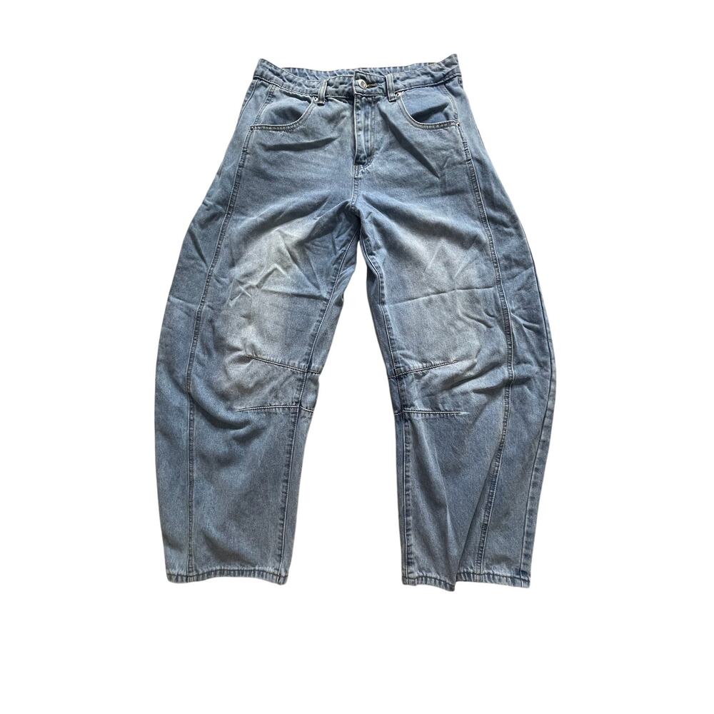 Women’s Size 30 Blue Barrel‑Leg Jeans Cotton Blend Denim Modern Streetwear EUC